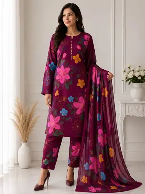 Unstitched Multishade Digital Printed Silk 3PC Suit for Women | Long Airline Shirt with Silk Trouser & China Silk Dupatta | Elegant Ladies Dress