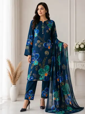 Unstitched 3 Pcs Silky Suit for Women | Digital Printed Silk Airline Long Shirt Trouser & Dupatta | Multishaded Printed Dress