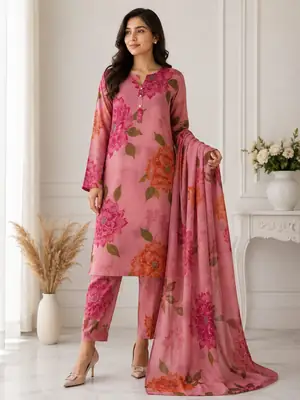 Unstitched 3 Pcs Silky Suit for Women | Digital Printed Silk Airline Long Shirt Trouser & Dupatta | Multishaded Printed Dress