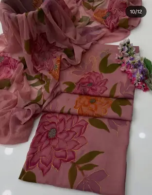 Unstitched 3 Pcs Silky Suit for Women | Digital Printed Silk Airline Long Shirt Trouser & Dupatta | Multishaded Printed Dress thumbnail 2