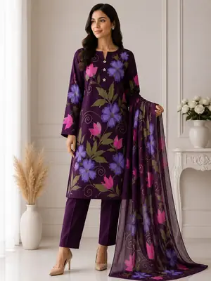 Unstitched 3 Piece Silk Suit for Women Digital Printed | Multishade Long Airline Shirt Trouser Dupatta | Ladies Silk Dress