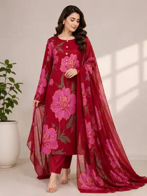 Unstitched 3 Piece Silk Suit for Women | Digital Printed Long Airline Shirt Trouser Dupatta | Multishade Ladies Dress