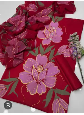 Unstitched 3 Piece Silk Suit for Women | Digital Printed Long Airline Shirt Trouser Dupatta | Multishade Ladies Dress thumbnail 2