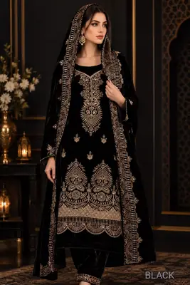 3 Pcs Women's Unstitched Velvet Embroidered Suit