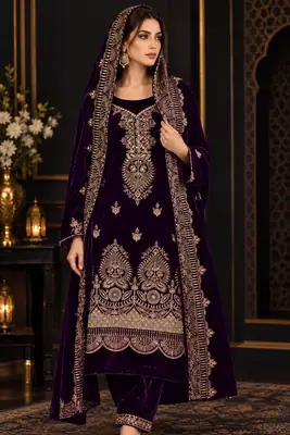 3 Pcs Women's Unstitched Velvet Embroidered Suit