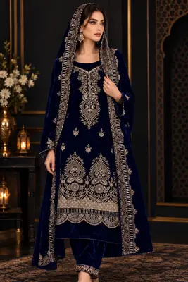 3 Pcs Women's Unstitched Velvet Embroidered Suit