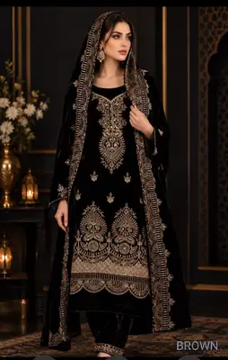 3 Pcs Women's Unstitched Velvet Embroidered Suit