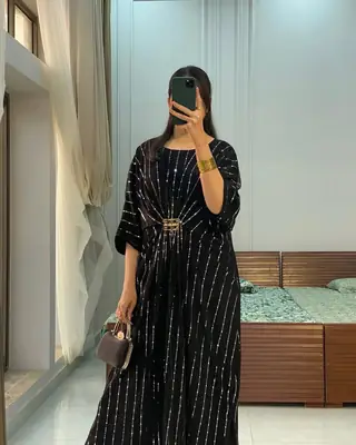 Moonlight Fabric Long Kaftan for Women with Bakkal & Attached Crepe Inner – Free Size Modest Maxi Kaftan Dress (54/55 Inches)