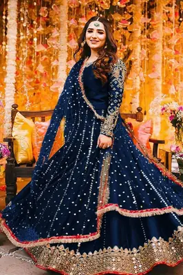 Women's Heavy Embroidered Silk Maxi 3 Piece Suit with Mirror Work, Pearl Lace Chiffon Dupatta & Trouser – Pakistani Party Wear Dress