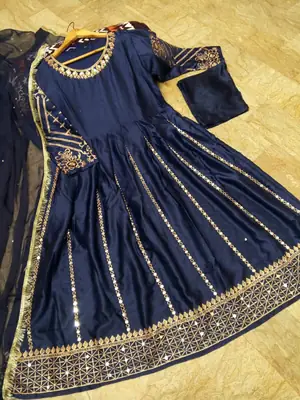 Women's Heavy Embroidered Silk Maxi 3 Piece Suit with Mirror Work, Pearl Lace Chiffon Dupatta & Trouser – Pakistani Party Wear Dress thumbnail 3