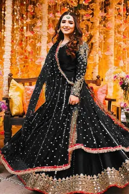 Women's Heavy Embroidered Silk Maxi 3 Piece Suit with Mirror Work, Pearl Lace Chiffon Dupatta & Trouser – Pakistani Party Wear Dress