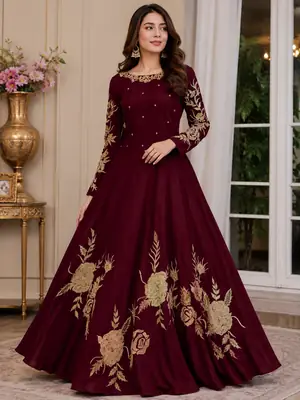 Women's Heavy Embroidered Silk Maxi Dress | Fancy Party Wear Long Maxi Gown | Embroidered Neck, Sleeves & Bottom | Elegant Formal Dress for Women