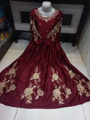 Women's Heavy Embroidered Silk Maxi Dress | Fancy Party Wear Long Maxi Gown | Embroidered Neck, Sleeves & Bottom | Elegant Formal Dress for Women thumbnail 2