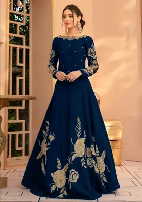 Women's Heavy Embroidered Silk Maxi Dress | Fancy Party Wear Long Maxi Gown | Embroidered Neck, Sleeves & Bottom | Elegant Formal Dress for Women
