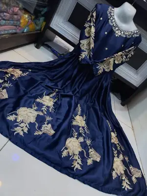 Women's Heavy Embroidered Silk Maxi Dress | Fancy Party Wear Long Maxi Gown | Embroidered Neck, Sleeves & Bottom | Elegant Formal Dress for Women thumbnail 2