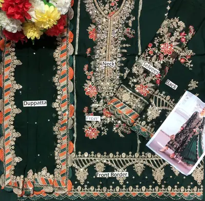 Designer Chiffon Embroidered Suit 3 Piece | Hand Embellished Sequins Work Wedding & Party Wear with Satin Silk Trouser thumbnail 3