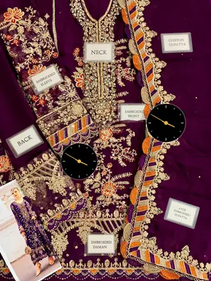 Designer Chiffon Embroidered Suit 3 Piece | Hand Embellished Sequins Work Wedding & Party Wear with Satin Silk Trouser thumbnail 2
