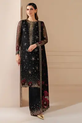 Luxury Chiffon Embroidered 3 Piece Unstitched Suit for Women | Heavy Embroidery Designer Party Wear | Ready to Wear Embroidered Dupatta with Shamoz Silk Trouser