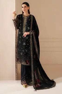 Luxury Chiffon Embroidered 3 Piece Unstitched Suit for Women | Heavy Embroidery Designer Party Wear | Ready to Wear Embroidered Dupatta with Shamoz Silk Trouser thumbnail 3