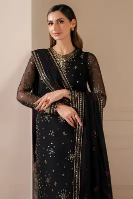 Luxury Chiffon Embroidered 3 Piece Unstitched Suit for Women | Heavy Embroidery Designer Party Wear | Ready to Wear Embroidered Dupatta with Shamoz Silk Trouser thumbnail 5