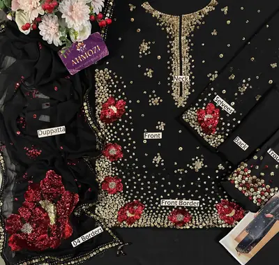Luxury Chiffon Embroidered 3 Piece Unstitched Suit for Women | Heavy Embroidery Designer Party Wear | Ready to Wear Embroidered Dupatta with Shamoz Silk Trouser thumbnail 6