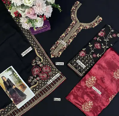 Luxury Chiffon Embroidered 3 Piece Unstitched Suit for Women | Heavy Embroidery & Adda Work | Ready to Wear Embroidered Dupatta | Embroidered Silk Trouser thumbnail 2