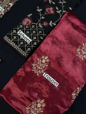 Luxury Chiffon Embroidered 3 Piece Unstitched Suit for Women | Heavy Embroidery & Adda Work | Ready to Wear Embroidered Dupatta | Embroidered Silk Trouser thumbnail 4