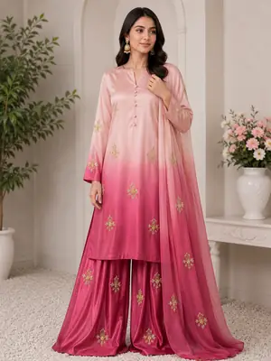 Multi Shaded Digital Printed Shamoz Silk 3 Piece Suit for Women | Embroidered Sequence Work Shirt | Pure Apple Silk Dupatta | Unstitched Pakistani Party Wear Dress