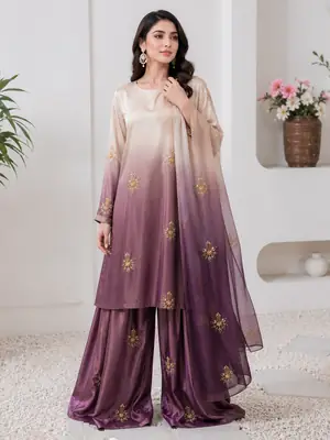 Multi Shaded Digital Printed Shamoz Silk 3 Piece Suit for Women | Embroidered Sequence Work Shirt | Pure Apple Silk Dupatta | Unstitched Pakistani Party Wear Dress
