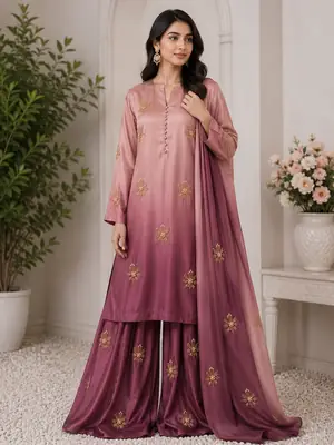 Multi Shaded Digital Printed Shamoz Silk 3 Piece Suit for Women | Embroidered Sequence Work Shirt | Pure Apple Silk Dupatta | Unstitched Pakistani Party Wear Dress
