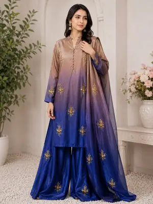 Multi Shaded Digital Printed Shamoz Silk 3 Piece Suit for Women | Embroidered Sequence Work Shirt | Pure Apple Silk Dupatta | Unstitched Pakistani Party Wear Dress