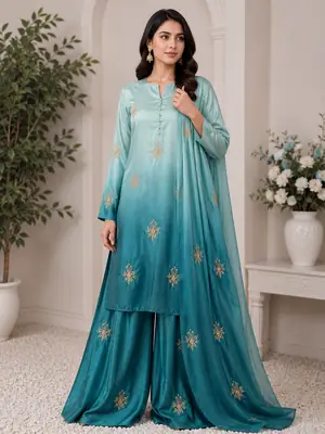 Multi Shaded Digital Printed Shamoz Silk 3 Piece Suit for Women | Embroidered Sequence Work Shirt | Pure Apple Silk Dupatta | Unstitched Pakistani Party Wear Dress