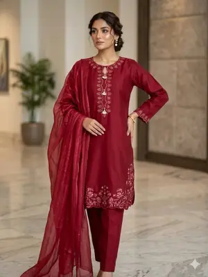 3 Pcs Women’s Stitched Cotton Embroidered Suit