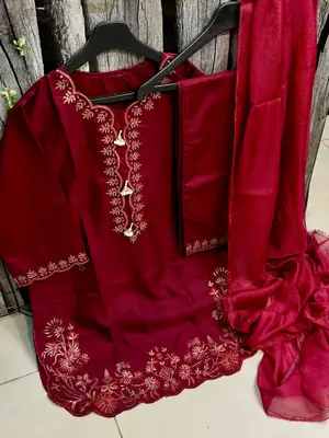 3 Pcs Women’s Stitched Cotton Embroidered Suit thumbnail 2
