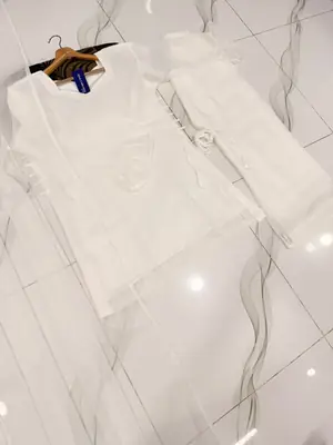 Women's Chiffon Short Shirt Palazzo 3 Piece Suit – Body Fitting Short Shirt with Back Luppi Dori Work, Chiffon Palazzo & Plain Dupatta | Pakistani Stitched Dress thumbnail 2