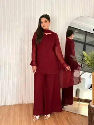 Women's Chiffon Short Shirt Palazzo 3 Piece Suit – Body Fitting Short Shirt with Back Luppi Dori Work, Chiffon Palazzo & Plain Dupatta | Pakistani Stitched Dress