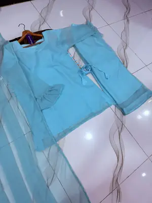 Women's Chiffon Short Shirt Palazzo 3 Piece Suit – Body Fitting Short Shirt with Back Luppi Dori Work, Chiffon Palazzo & Plain Dupatta | Pakistani Stitched Dress thumbnail 3