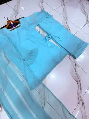 Women's Chiffon Short Shirt Palazzo 3 Piece Suit – Body Fitting Short Shirt with Back Luppi Dori Work, Chiffon Palazzo & Plain Dupatta | Pakistani Stitched Dress thumbnail 4