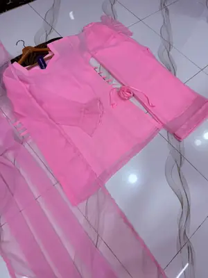 Women's Chiffon Short Shirt Palazzo 3 Piece Suit – Body Fitting Short Shirt with Back Luppi Dori Work, Chiffon Palazzo & Plain Dupatta | Pakistani Stitched Dress thumbnail 5