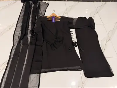 Women's Chiffon Short Shirt Palazzo 3 Piece Suit – Body Fitting Short Shirt with Back Luppi Dori Work, Chiffon Palazzo & Plain Dupatta | Pakistani Stitched Dress thumbnail 3