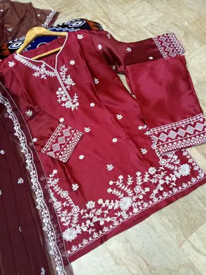 Women's Embroidered Farshi Shalwar 3 Piece Silk Suit with Embroidered Chiffon Dupatta – Pakistani Party Wear Dress thumbnail 2