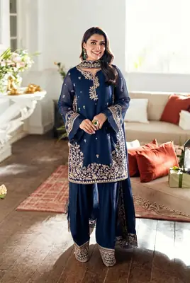 Women's Embroidered Farshi Shalwar 3 Piece Silk Suit with Embroidered Chiffon Dupatta – Pakistani Party Wear Dress