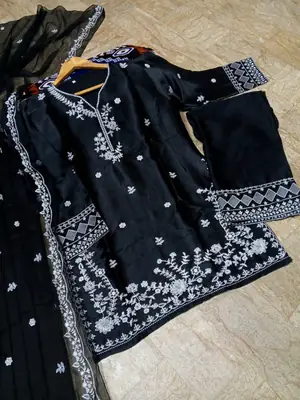 Women's Embroidered Farshi Shalwar 3 Piece Silk Suit with Embroidered Chiffon Dupatta – Pakistani Party Wear Dress thumbnail 3