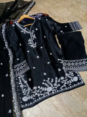 Women's Embroidered Farshi Shalwar 3 Piece Silk Suit with Embroidered Chiffon Dupatta – Pakistani Party Wear Dress thumbnail 4