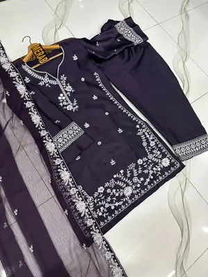 Women's Embroidered Farshi Shalwar 3 Piece Silk Suit with Embroidered Chiffon Dupatta – Pakistani Party Wear Dress thumbnail 2