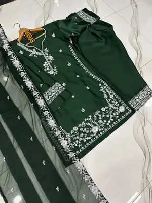 Women's Embroidered Farshi Shalwar 3 Piece Silk Suit with Embroidered Chiffon Dupatta – Pakistani Party Wear Dress thumbnail 3