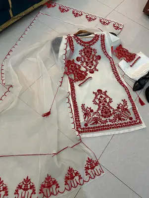Women's Heavy Embroidered Organza 3 Piece Suit with Embroidered Dupatta – Luxury Party Wear Dress | Eid & Wedding Collection thumbnail 2