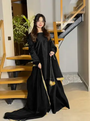 Women's Silk Long Flare Sharara Suit 3 Piece Set with Four Side Lace Work Chiffon Dupatta | Pakistani Party Wear Dress