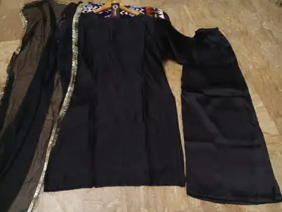 Women's Silk Long Flare Sharara Suit 3 Piece Set with Four Side Lace Work Chiffon Dupatta | Pakistani Party Wear Dress thumbnail 3