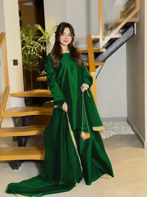 Women's Silk Long Flare Sharara Suit 3 Piece Set with Four Side Lace Work Chiffon Dupatta | Pakistani Party Wear Dress